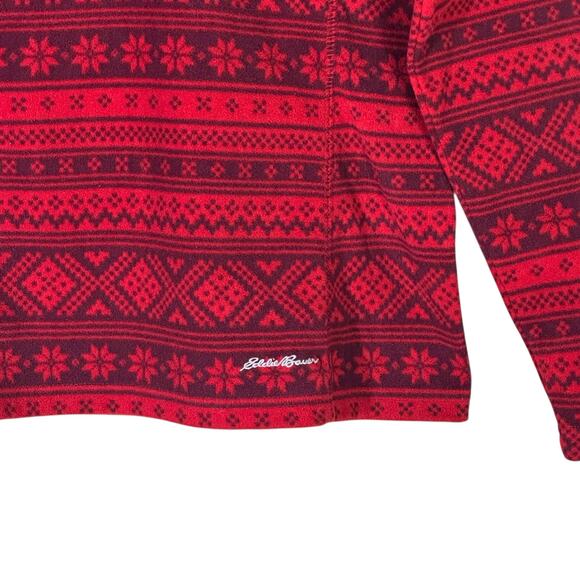 Eddie Bauer Fleece Pullover Womens S Red Fair Isle 1/4 Zip Snowflake Holiday - Picture 3 of 6